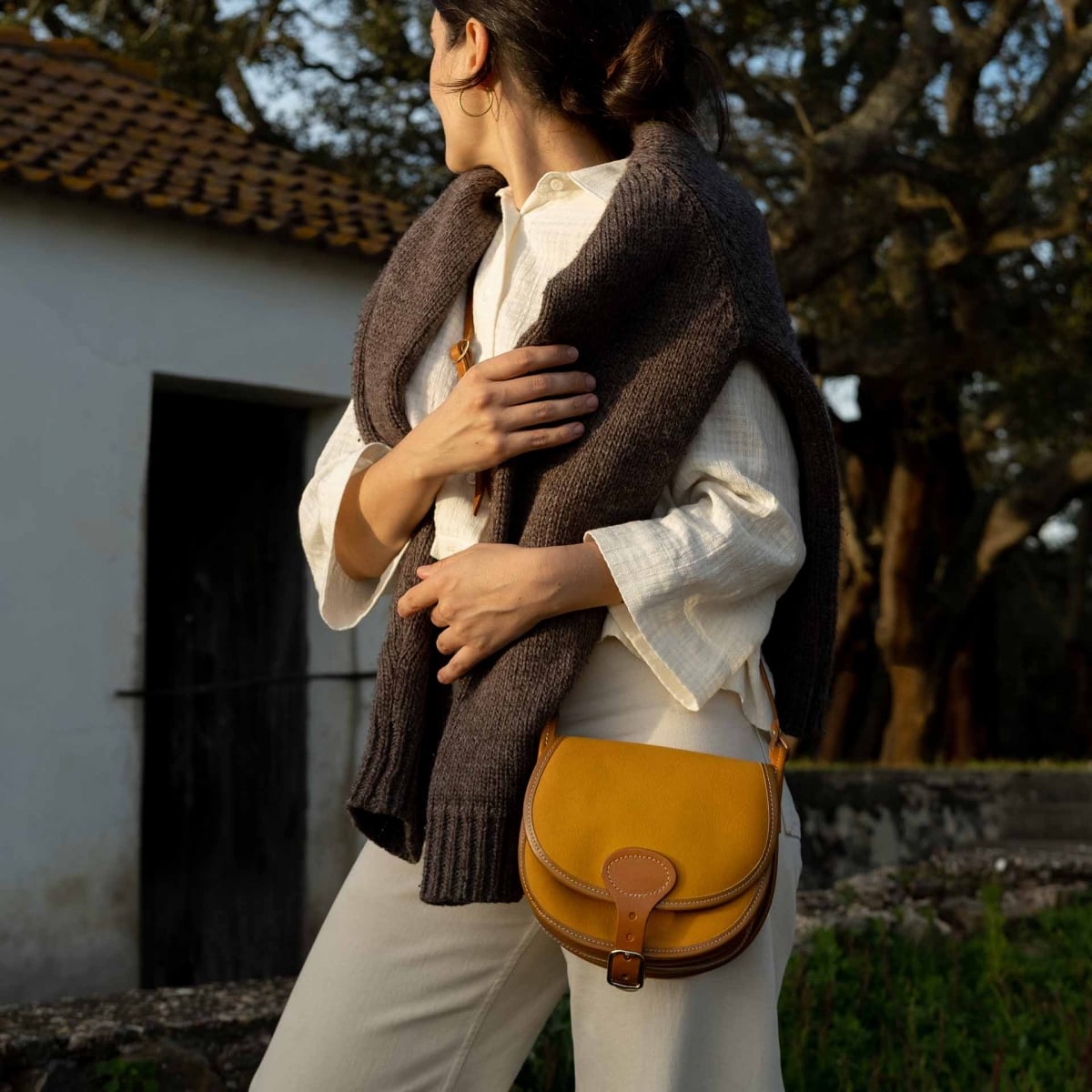 Jagdtasche Diane M - Gelber Ocker / Canvas und Leder (image n°6)