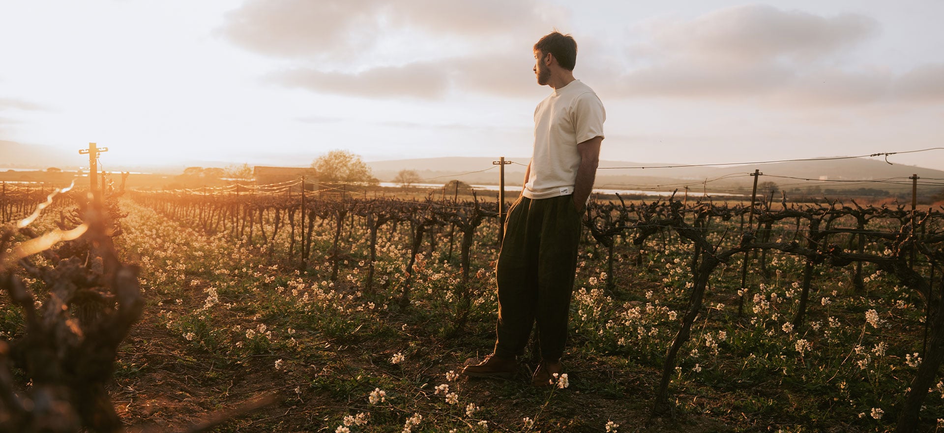 un homme regarde un couch&eacute; de soleil, il porte le t-shirt Bleu de Chauffe
