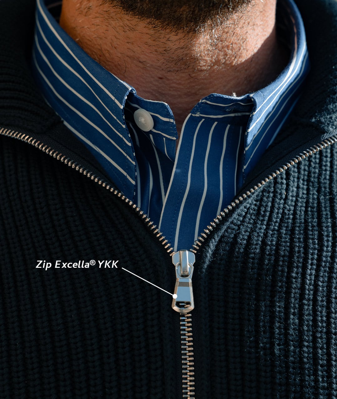 Focus on the zippered collar of the trucker sweater