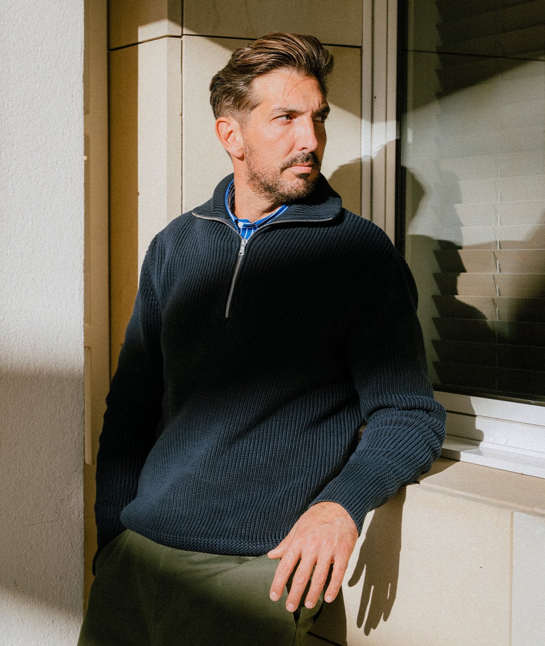 Trucker sweater worn.