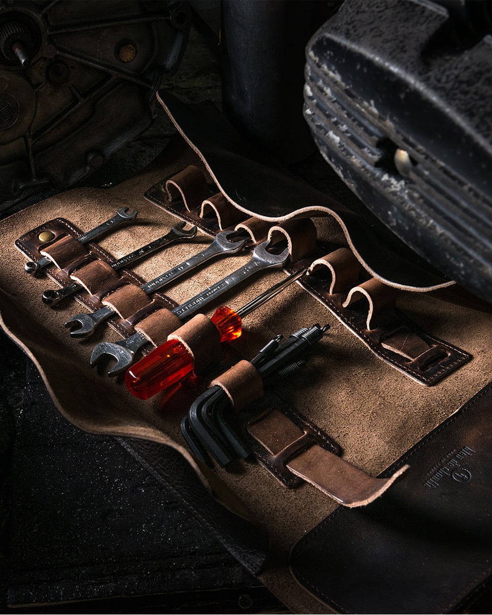 Leather motorcycle tool roll
