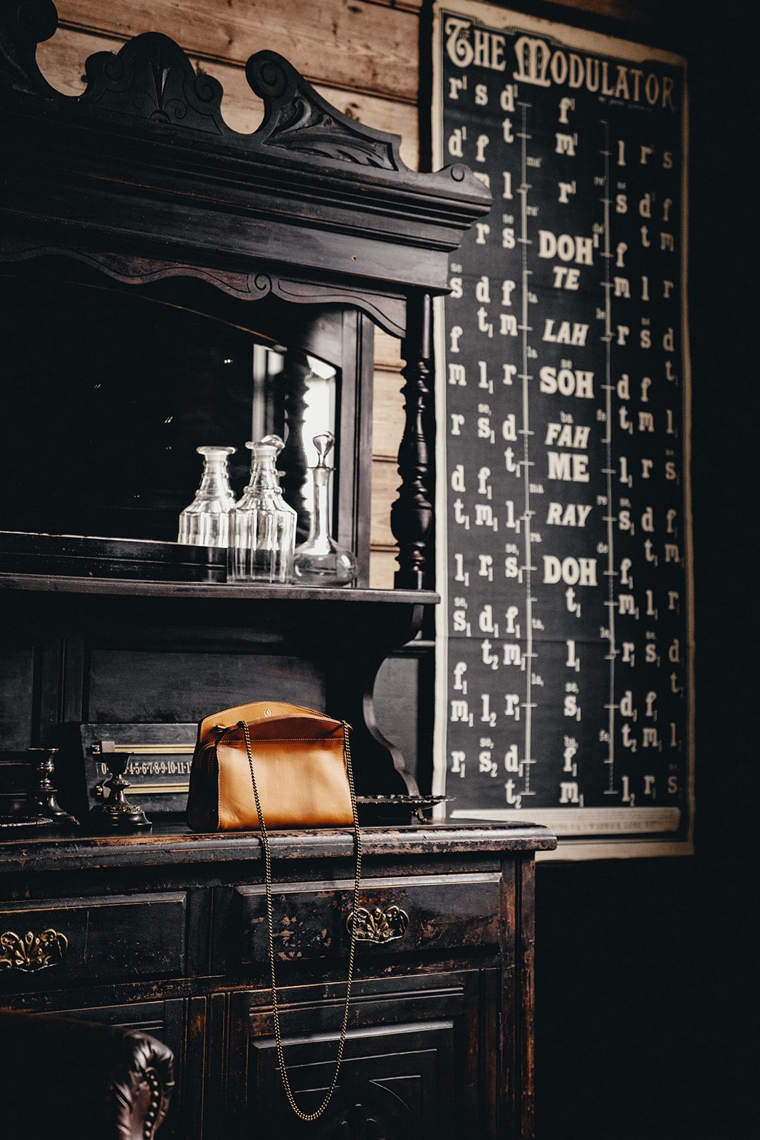Yellow leather handbag on a wooden cabinet