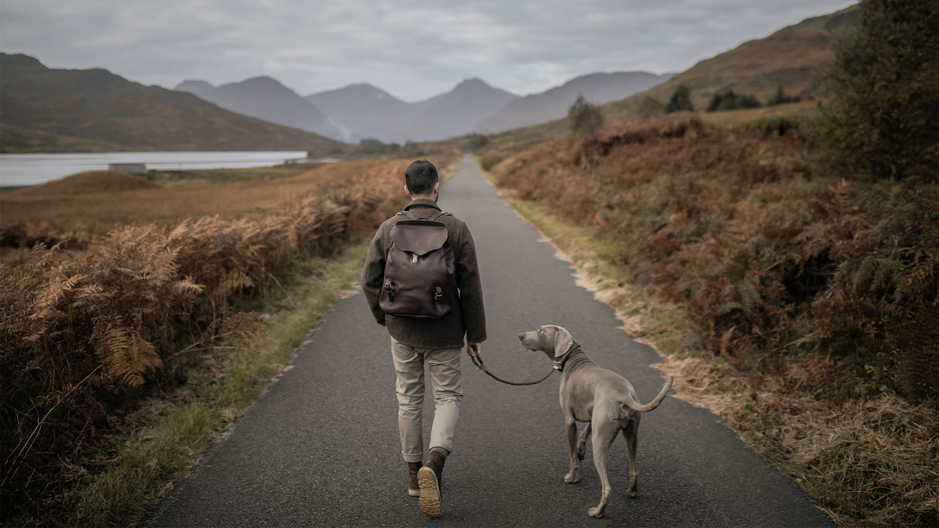 Un homme porte un sac a dos en cuir et promene son chien dans un paysage &eacute;cossais